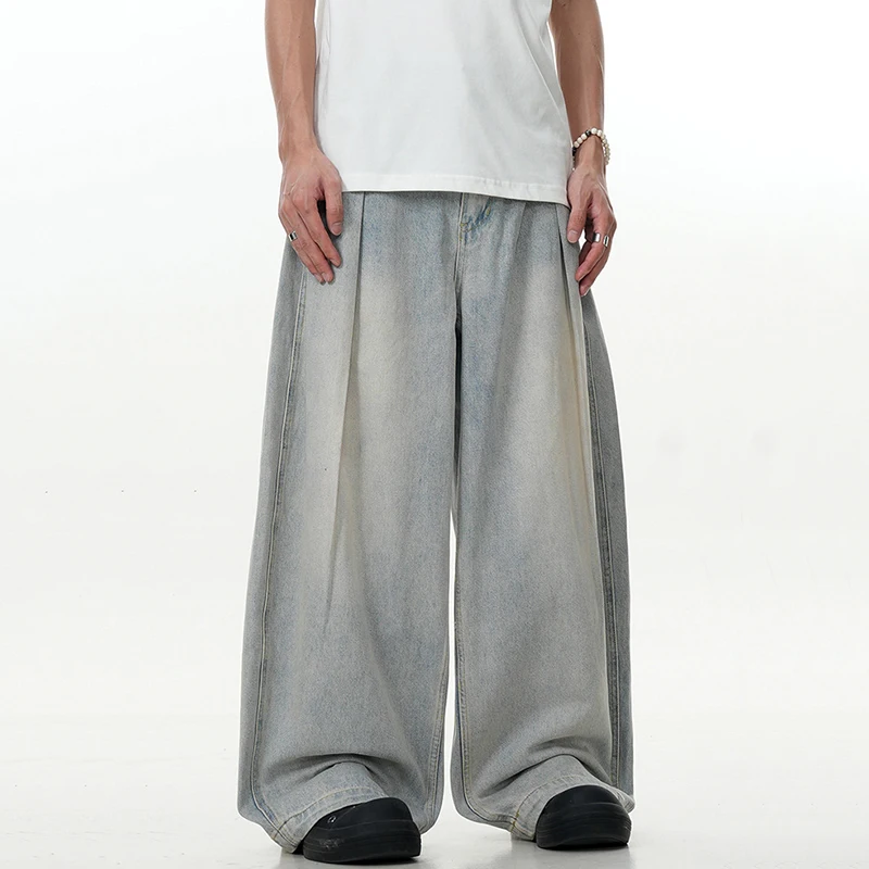 IEFB Simple Men's Denim Pants Droop Pleated Droop Washing High Street Casual Solid Color Straight Wide Leg Male Trousers 9C8878 3