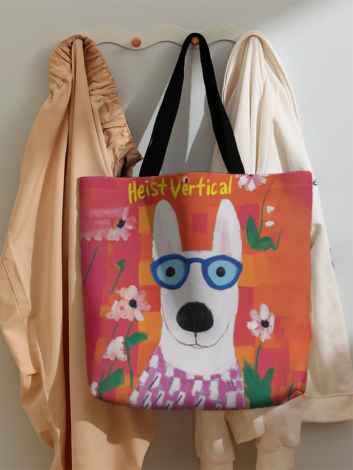 1pc， Cute cartoon dog pattern handbag, reusable fashionable handbag, multifunctional handbag, printed canvas shopping bag