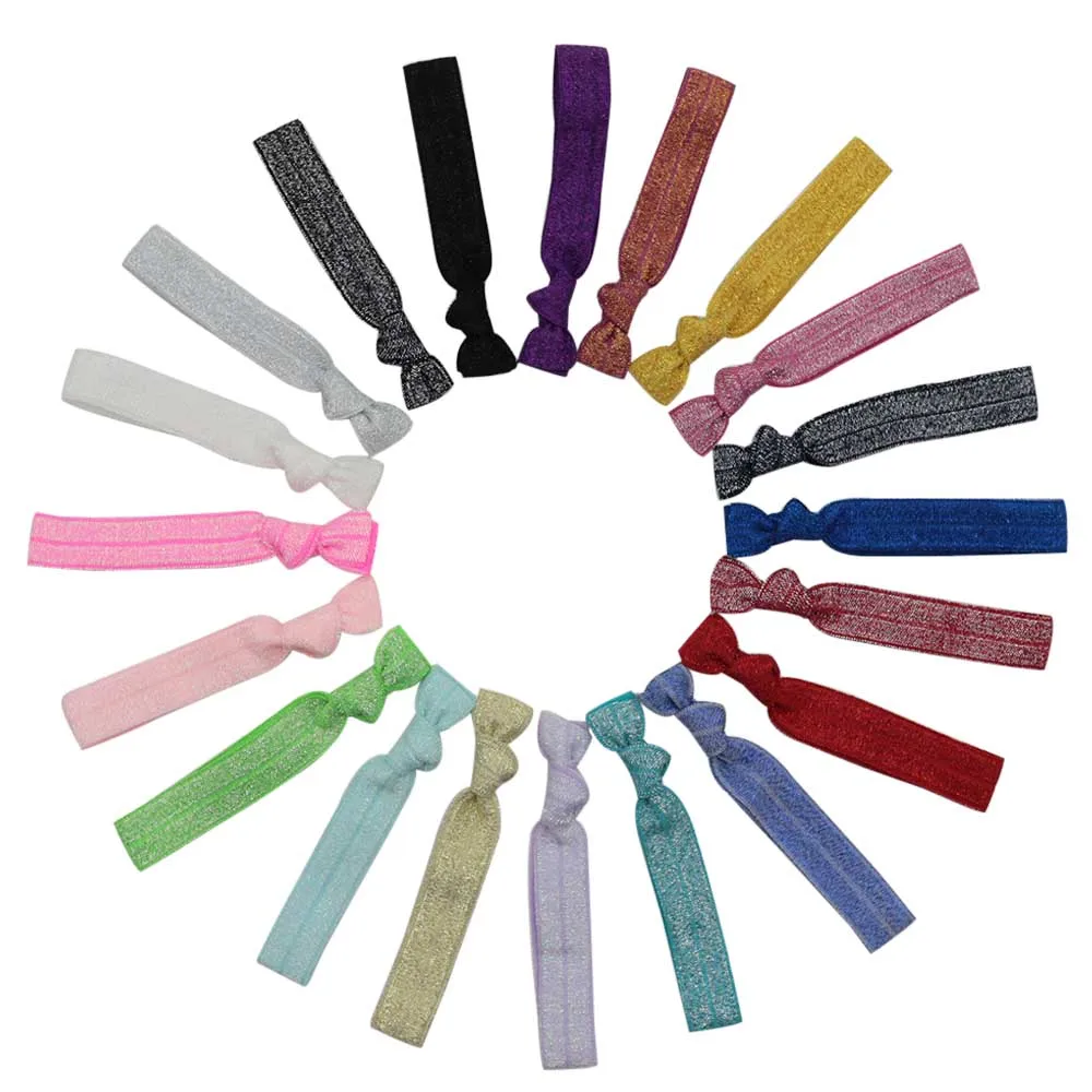 New Arrival 16Pcs Shiny Metallic Thread Fold Over Elastic Band Hair Tie FOE Ribbon Bracelet Ponytail Holder Hair Accessories