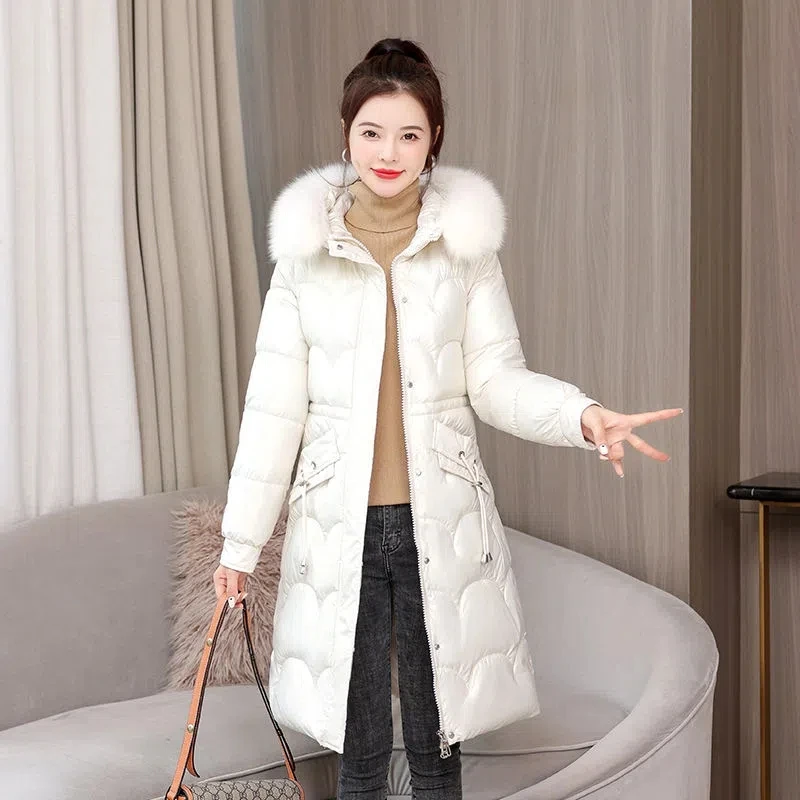 2022 Winter New Wash-Free Shiny Down Cotton Padded Jacket Women's  Waist Slim Padded Jacket Big Fur Collar Parka Long Down Pink