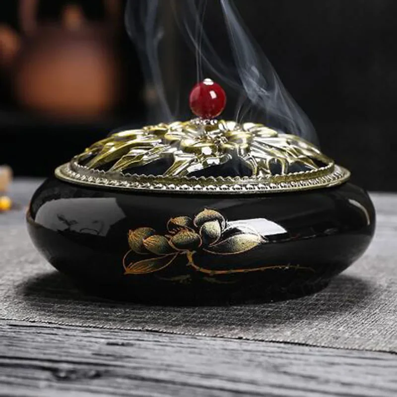 Porcelain Black Sandalwood Coil Incense Holder Hollow Flower Pattern Aroma Burner Fragrance Censer Home Decor