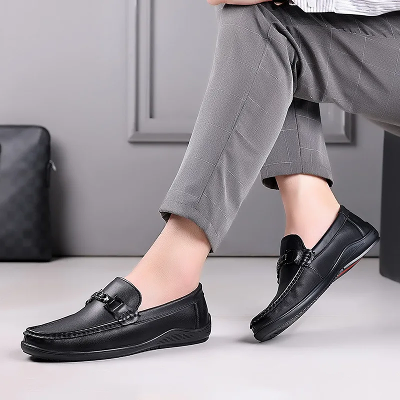 Men's Casual Business Shoes Cow Genuine Leather Mens Classic Buckle Loafers Moccasins Men Light Driving Party Wedding Flats