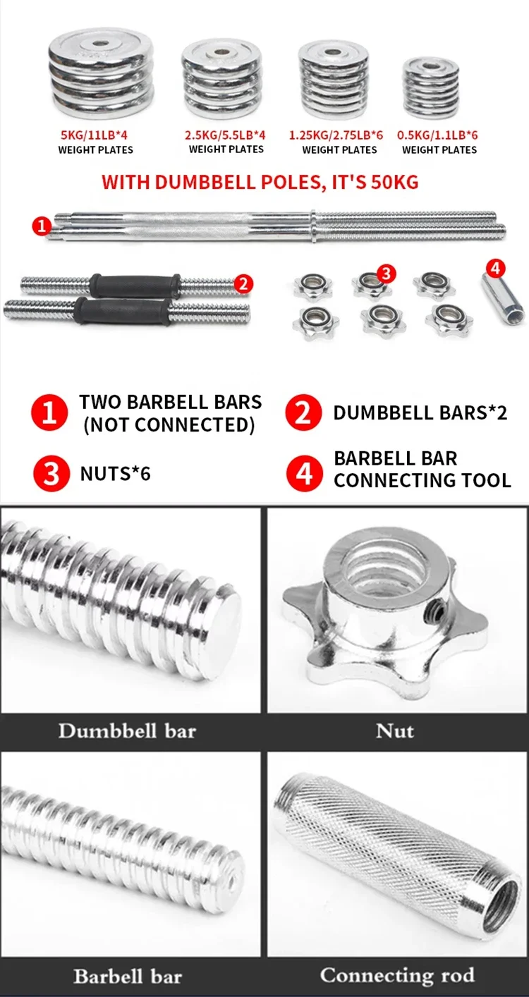 Description Picture 2 of itemWholesale Adjustable Dumbbells 50kg Barbell with Weight Plates Weights Gym Fitness Dumbbells Set Pesas Gimnasio  Kettlebell
