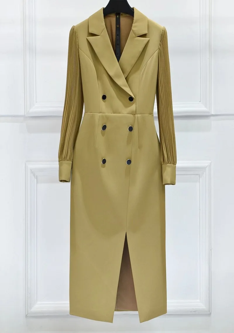 

Top Quality Women's Dress 2022 Autumn Winter Business Inspired Woman Notched Collar Pleated Sleeve Patchwork Mid-Calf Dress XXL