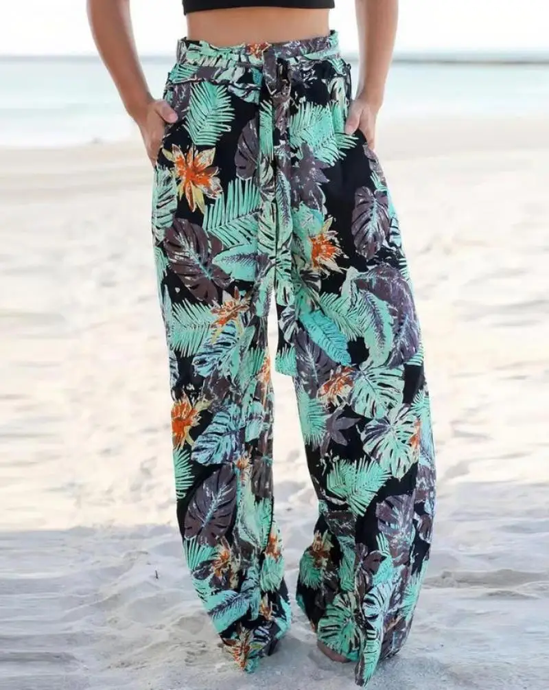 Pantalones Con Estampado Tropical, Pantalones De Pierna Ancha Con Cintura  Elástica Para Vacaciones, Ropa De Mujer