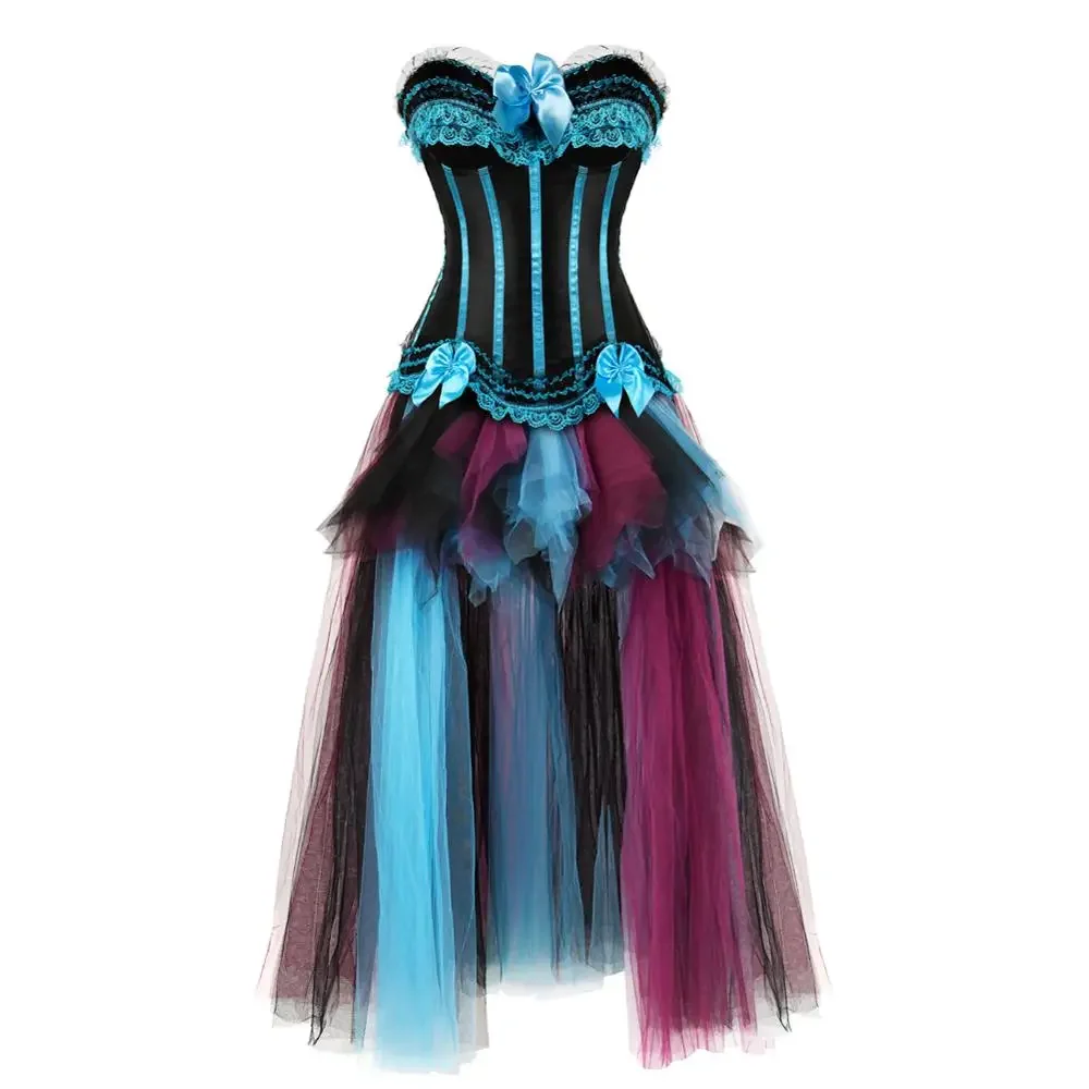 

Gothic Steampunk Burlesque Corset with Tutu Skirt Striped Boned Bustiers Dress Push Up Corsetto Carnival Party Dresses Plus Size