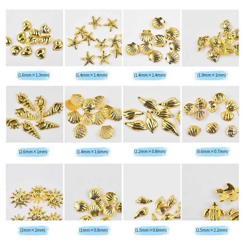 1 Box Ocean Theme Metal Stud Sea Starfish Shell Turtle Slice Flakes 3D Nail Art Decor DIY Manicure Tools Gold/Silver