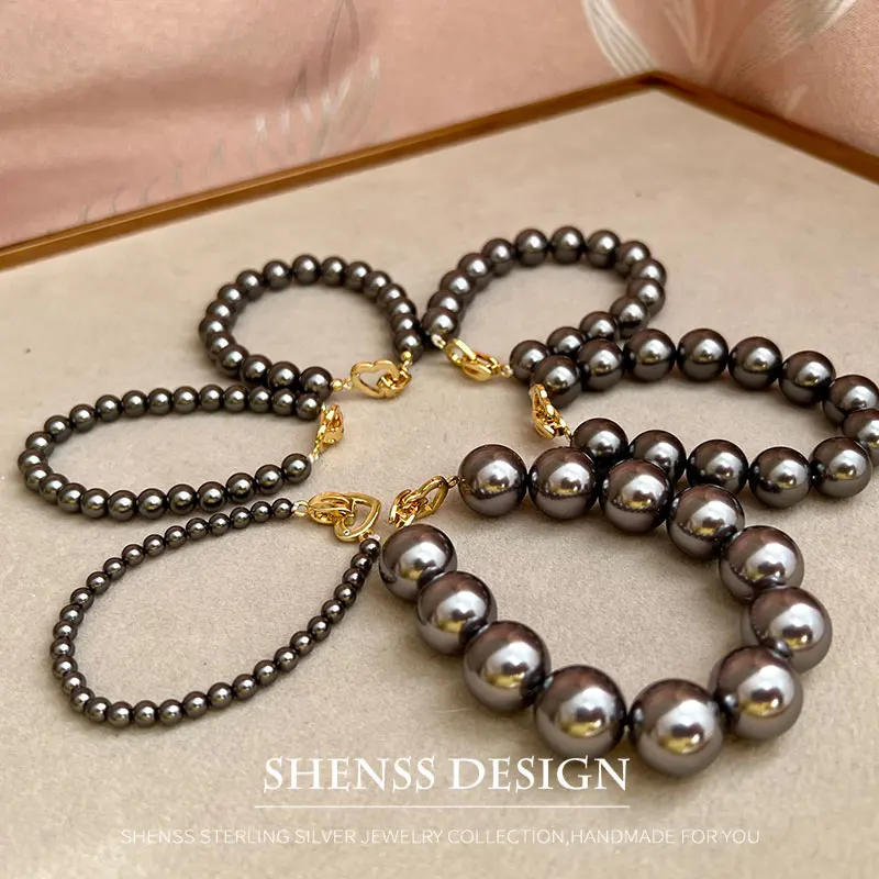 Elegant Dark Gray mitation Pearl Copper Plated 14k Gold Bracelet Classic Temperament Jewelry For Women Length 15cm-19cm