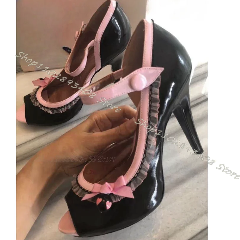 

Black Lace Trim Peep Toe Pumps Patent Leather Shallow Elegant Thin High Heels Shoes Spring Mary Jane Shoes Zapatos Para Mujere