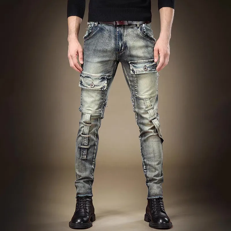 Men Ripped Jean Distressed Jeans Denim Washed Ankle Length Pencil Pants Spliced Patchwork Jeans Skinny Holes High Street