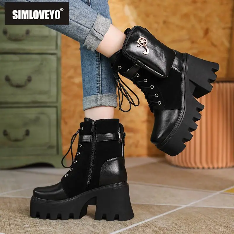 

ORCHA LISA New Women Ankle Boots Square Toe Chunky Heels 9cm Platform 5cm Zipper Lace Up With Pocket Suede Splice Big Size 43 44