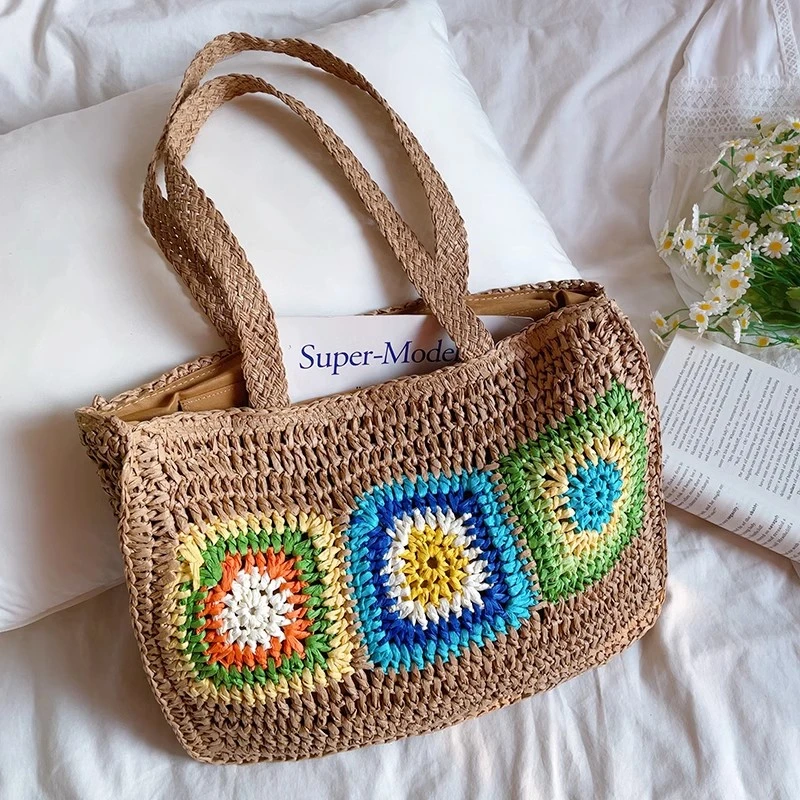 Ins Retro Pastoral Style Straw Bag Grandmother Plaid Woven Bag Large Capacity Shoulder Bag Holiday Wind Beach Bag