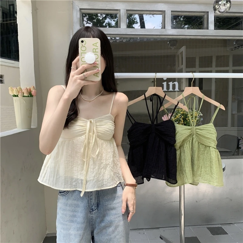 

Tube Short Blouses Solid Color Camisole Spaghetti Bows Tie Strap for Daily Wome