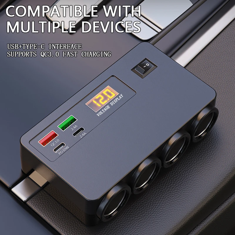 Car Inverter Power Adapter DC 12V/24V to AC 220V Converter QC 3.0 USB/PD/Type-C Chargers Voltage Detection ON/OFF Switch