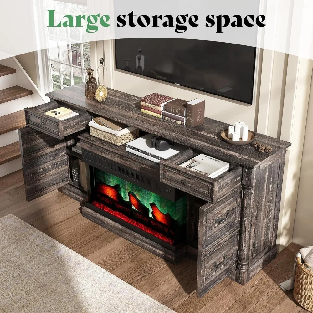 75" Fireplace TV Stand, Large TVs Stands with 36" Fireplace, with Solid Wood Roman Column, 2 Drawers & Cabinets Storage TV Stand 4