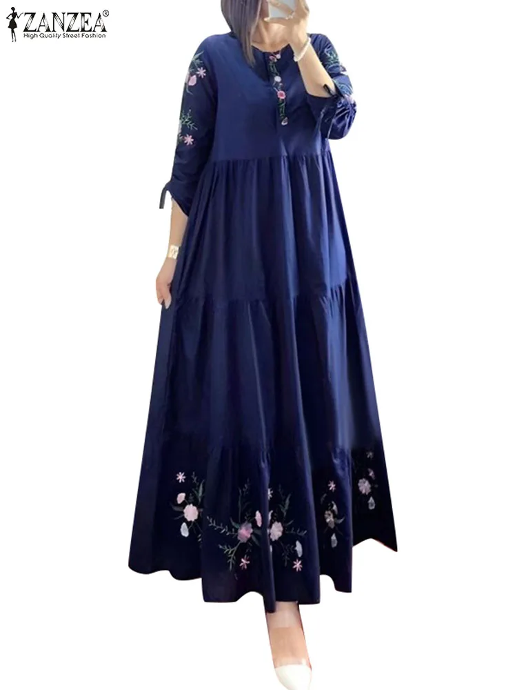 ZANZEA Elegant Floral Printed Muslim Dress Female Fashion Abaya Kaftan Sundress Woman Casual Ruffles Hem Maxi Robe Oversized