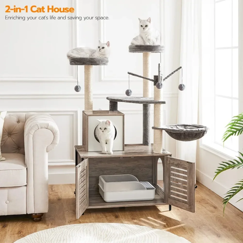 

Cat Tree with Litter Box Enclosure Scratching Posts for Indoor Cats All-in-One Wooden Cat House Furniture Cat Condo with Hammock