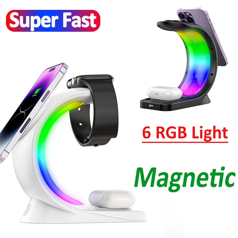 

4 in 1 RGB Light Magnetic Wireless Charger Stand For iPhone 14 13 12 Airpod Apple Watch 8 7 6 Fast Charging Dock Station