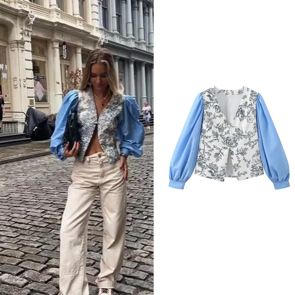 

BSK&TRAF Women's 2024 Summer New Retro Print V-Neck Contrast Color Splicing Long-Sleeved Casual Vacation Blouse