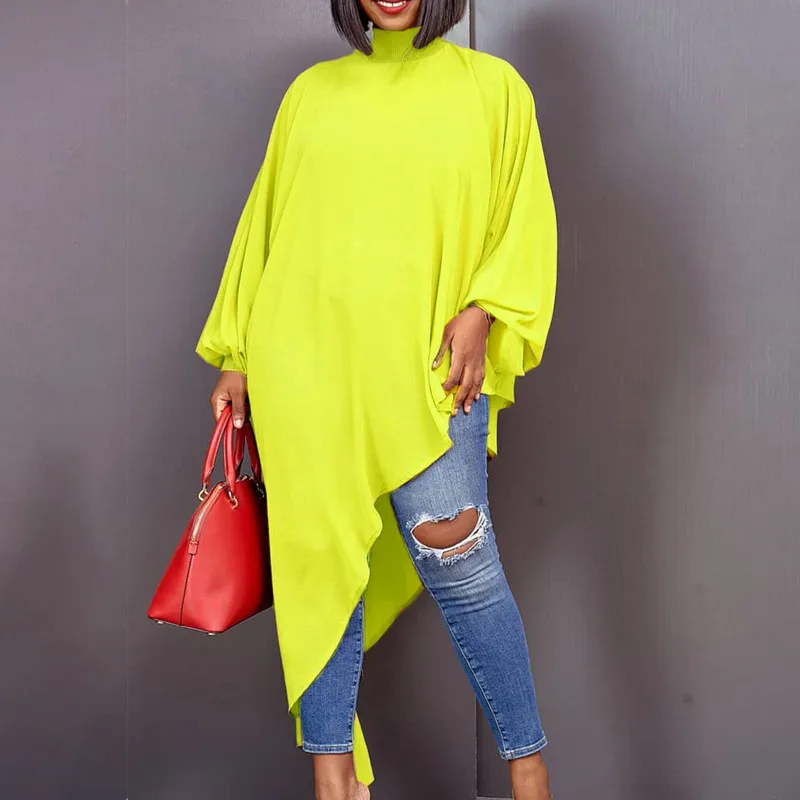 

Женский однотонный топ с высоким воротом, Асимметричный свободный топ с длинными рукавами, весна-лето