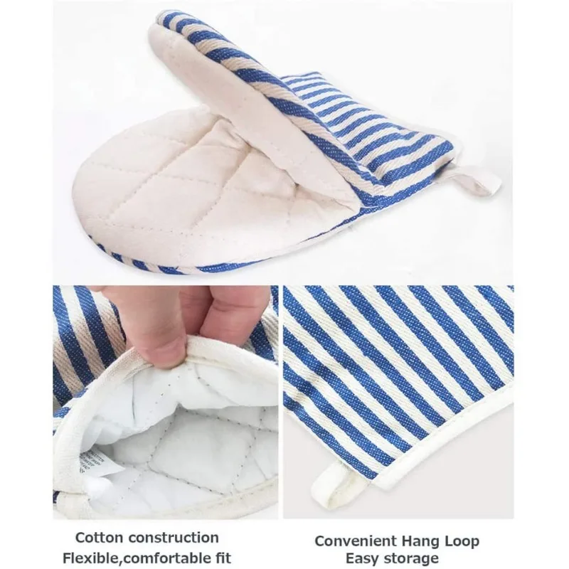 Heat-Resistant Oven Gloves Japanese-style Stripe Mini Oven Mitts Baking Gloves with Hanging Loops Hot Gloves for Cooking