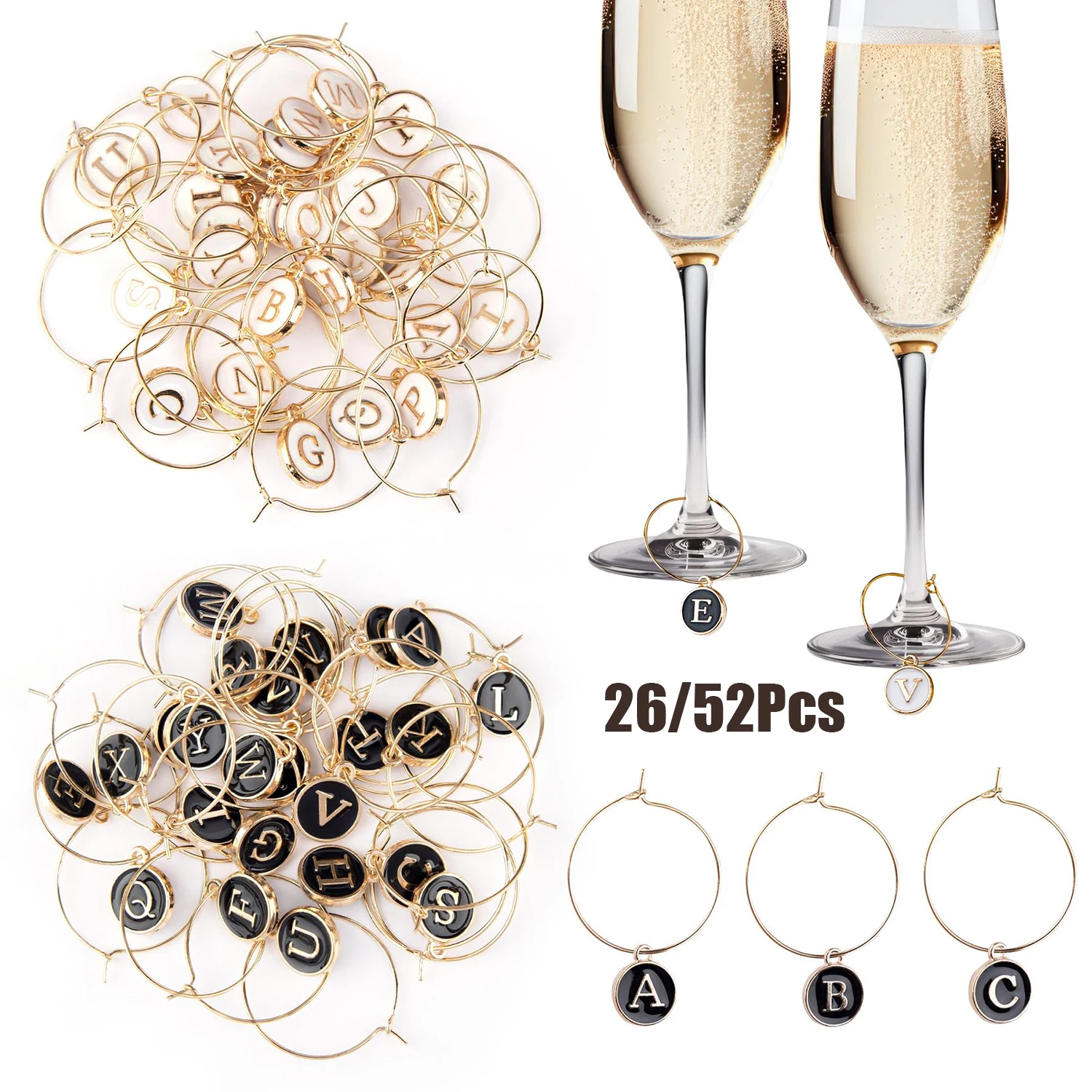 26/52Pcs Wine Glass Charms Wine Glass Markers Charm Rings with Letter Charms for Stem Wedding Party Decor
