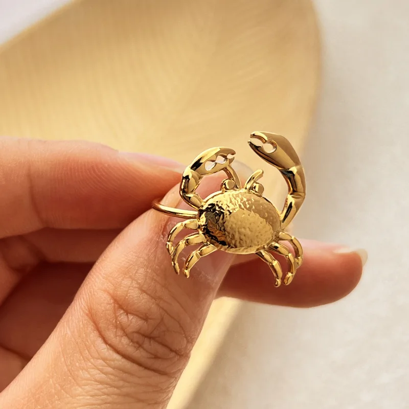 Creative Cute Little Crab Ring for Women Girls 18K Gold Plated Stainless Steel Opening Rings Adjustable Summer Ocean Jewelry New