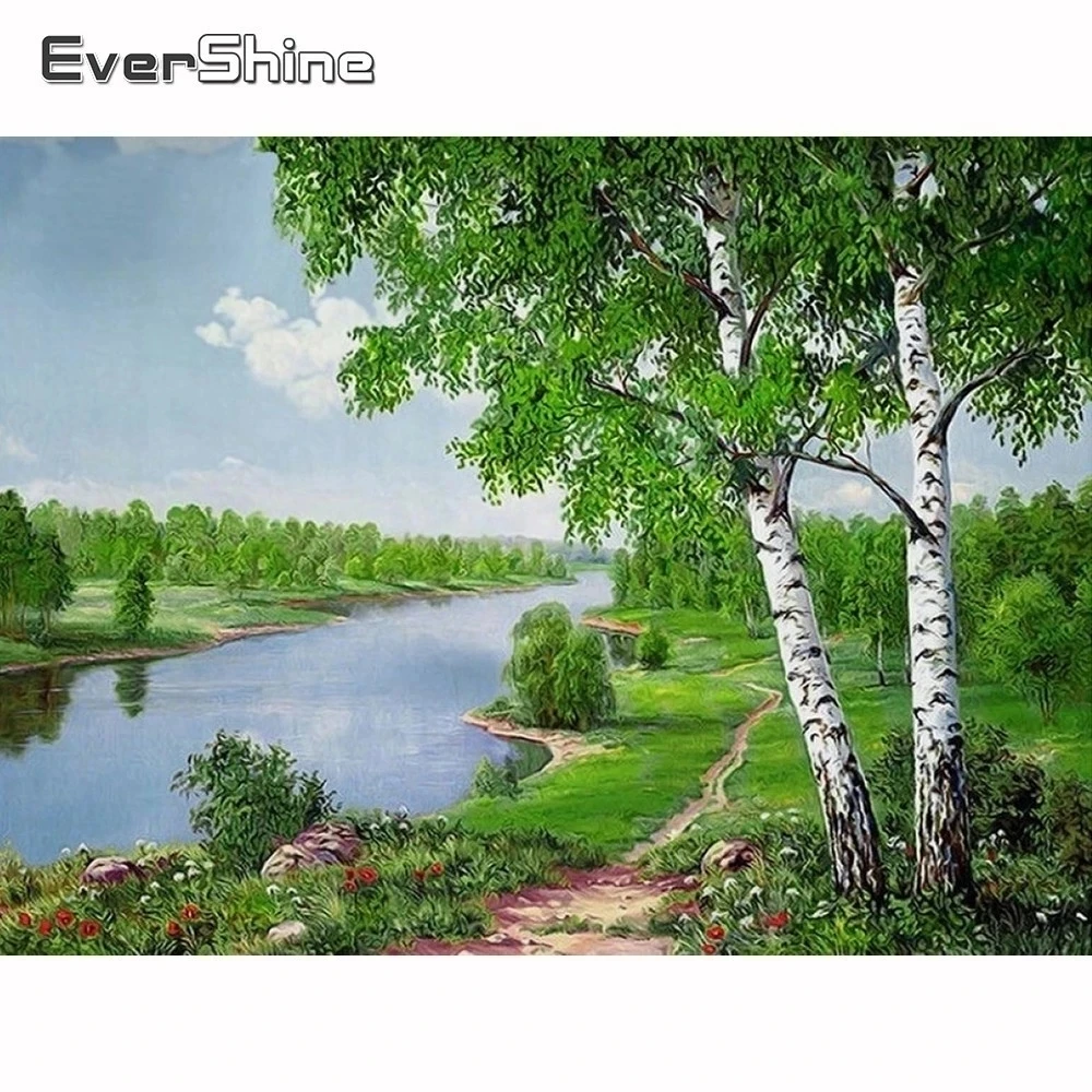 Evershine 5D DIY Diamond Mosaic Landscape Diamond Painting Birch Trees Full Set Embroidery River Pictures Of Rhinestone