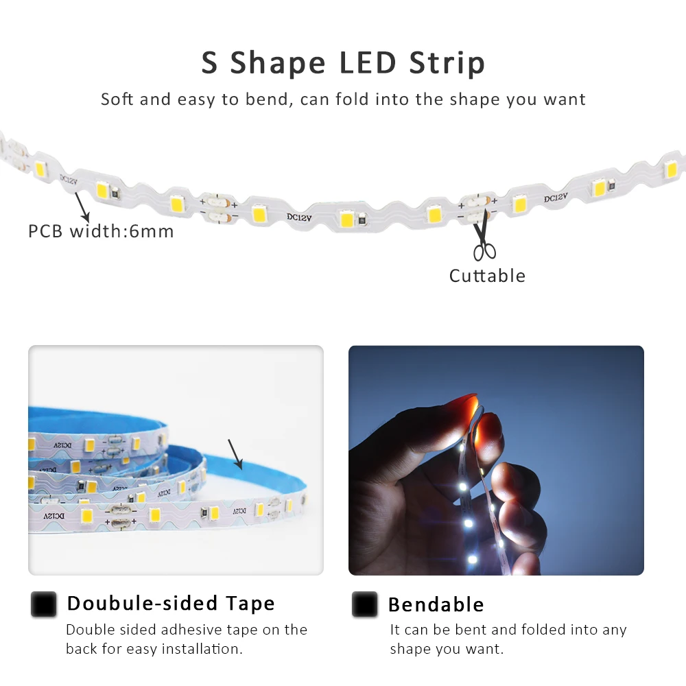 S 모양 LED 스트립 빛 SMD2835 무료 벤딩 DC12V 10M 60LED/m 편지 기호 백라이트에 대 한 플렉스 리본 따뜻한 차가운 흰색 테이프 램프