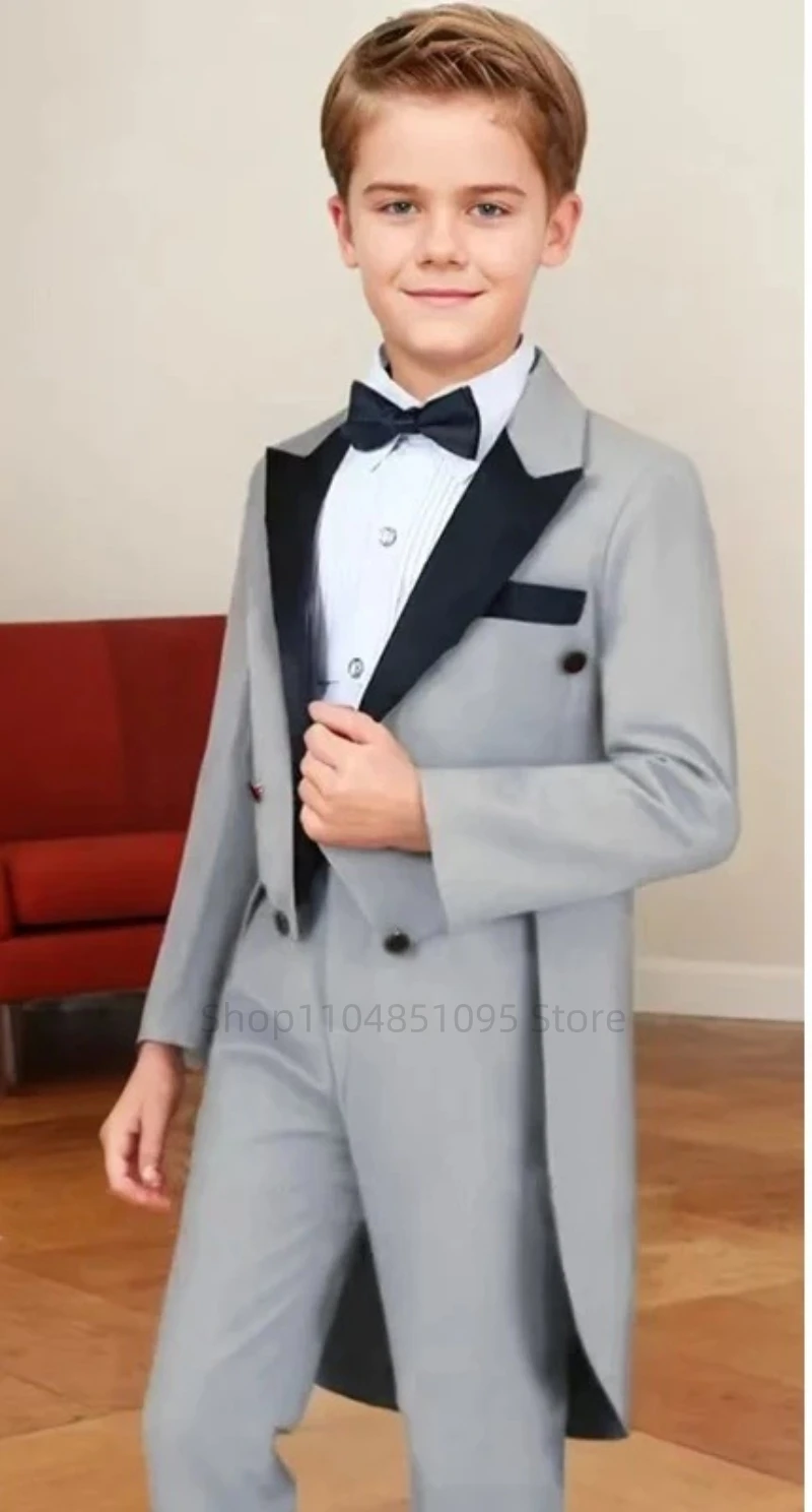 Solid 2 Pieces Boy Tailcoat Suits Children Peak Lapel Long Jacket Pants Sets Flower Boys Formal Party Suit Kids Wedding Tuxedo