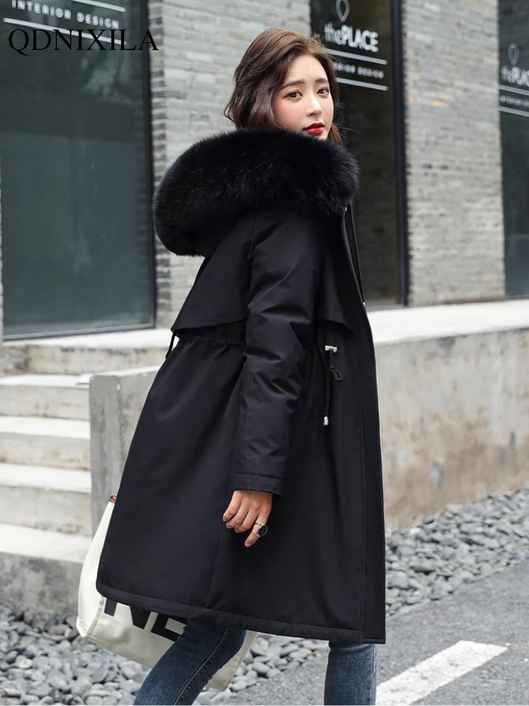 New 2024 Winter Women's Parkas Plush Cotton Jacket Thick Coat with Hood  Oversized Midi Long Wool Collar Warm Padded Hot Coats