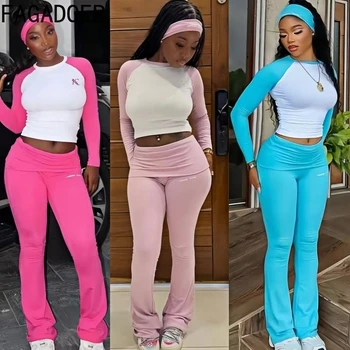 FAGADOER Casual 2 Pieces Set for Woman Long Sleeve Round Neck T-Shirt and High Waist Pants Matching Tracksuits Female Sportswear 1