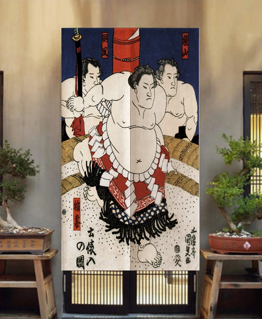 Sumo Wrestler Print Noren Japanese Style Doorway Curtain Bedroom Bathroom Partition Door Curtains Entrance Hanging Half Curtain 3