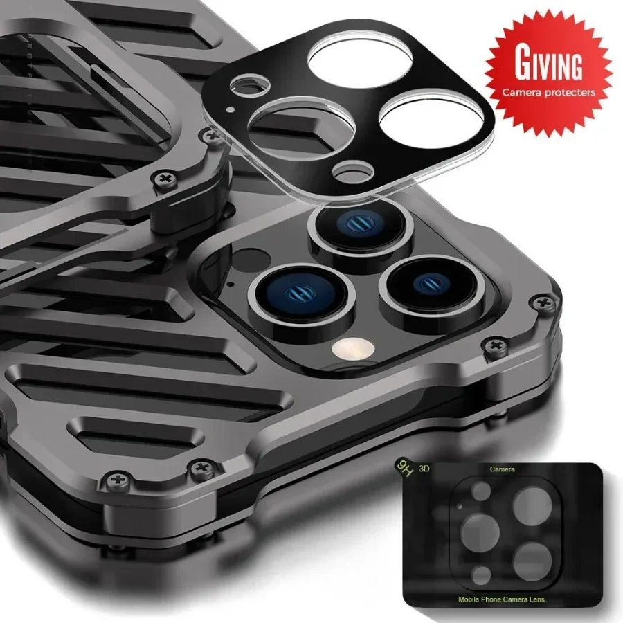 Heavy Duty Armor Aluminum Metal Case For iPhone 15 14 Plus 13 12 Pro Max Shockproof Hollow Heat Dissipation Cover Lens Protector