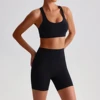 Solid Color High Waist Gym Yoga Short Legging Set Tight Women Cross Back High Impact Shoulder Strap Fitness Bra Top Sportwear