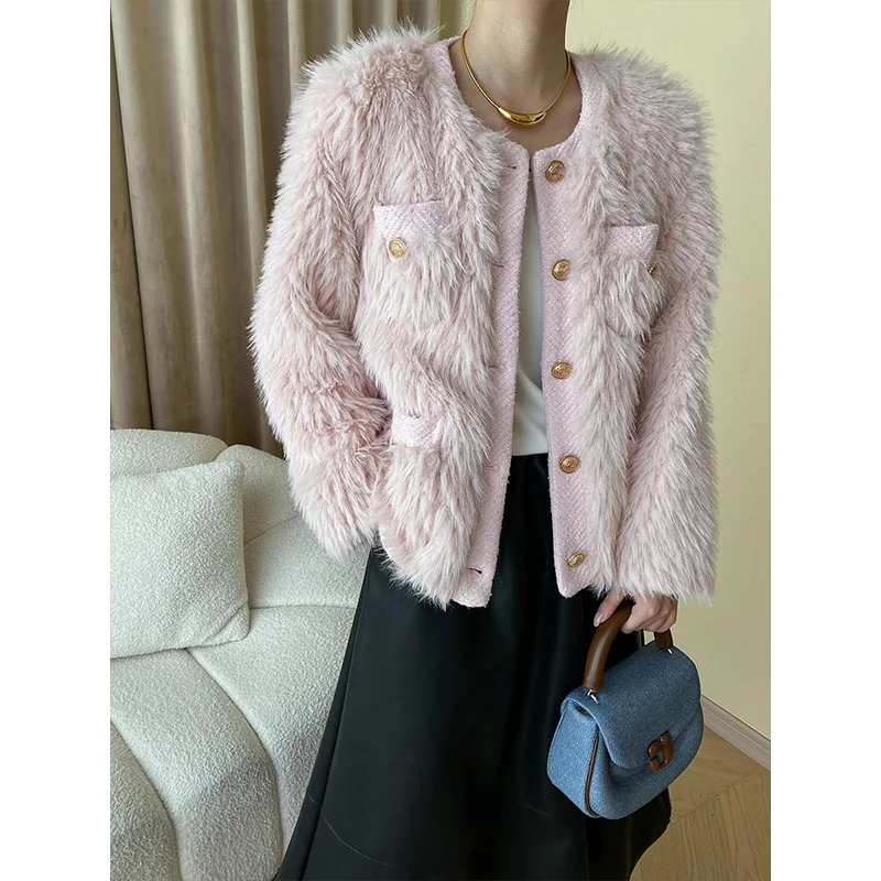 Tweed Stitching Fur Round Neck White Pink Black Women Coat Luxury Fashion Fake Fur Small Fragrant Female Coat Autumn Winter 1611