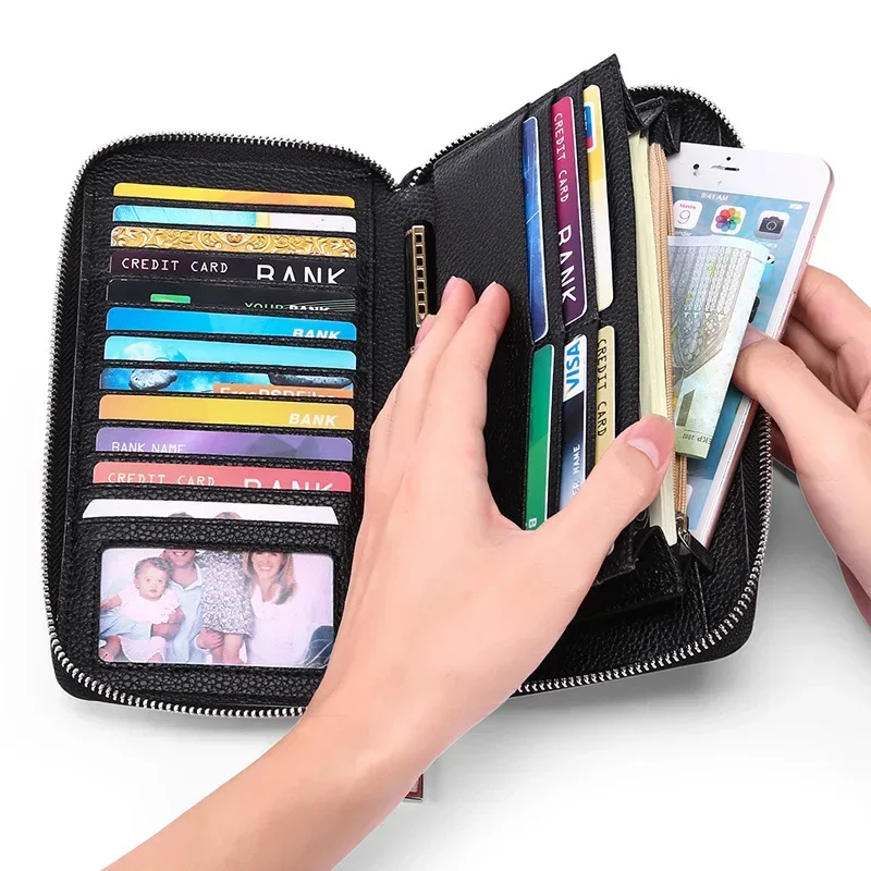 

RFID Genuine Cow Long Wallet for Women Large Capacity Real Leather Multi Card Cellphone Holder Zipper Purse Money Clip 7Z