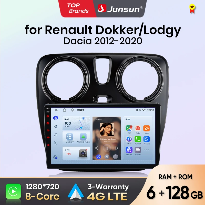 Radio para Auto Junsun para Renault Dokker/Lodgy Dacia 2012-2020, CarPlay, Android Auto, FM, RDS, DSP, BT, GPS, Navegador, SWC, Pantalla Táctil HD IPS, Reproductor Multimedia Plug & Play, Llamadas Manos Libres, Unidad Principal con Estilo Original del Auto 1