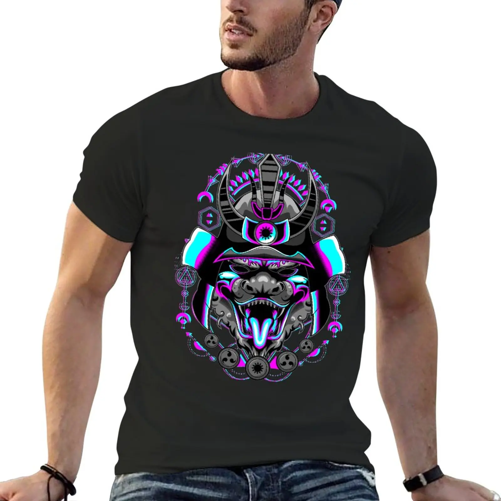 Yokai Oni Hannya Masked Samurai Skull Mask Purple Blue Geometry Glitch Effect T-Shirt T Shirt Uomo Mens T Shirt Graphic