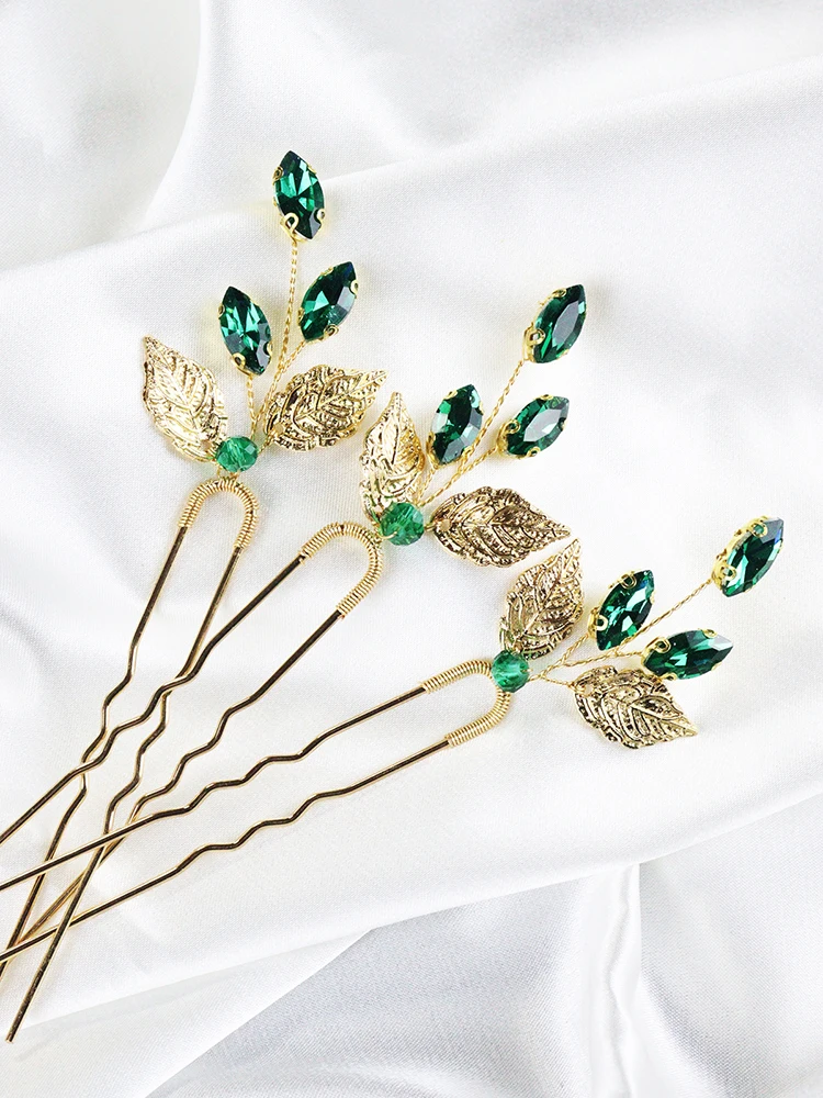Green rhinestones 3 wedding hairpins gold leaves bridal hair clips prom party women hair accessories festival jewelry