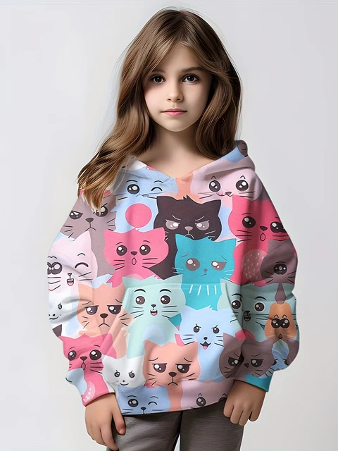 Girls' Colorful Cats 3D Printed Long Sleeve Hooded Sweatshirt Pullovers  Comfy Casual Cartoon Hoodie Tops Girls