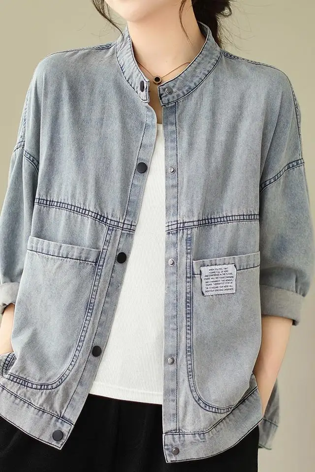 Korean Style Fashion Pregnant Woman Denim Jacket with Large Pockets Autumn Vintage Maternity Coats Button Fly Long Sleeve Coat