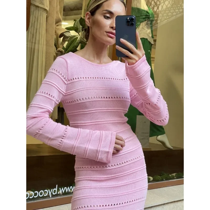Striped Hollow Two-Wear Knitted Long Dress For Women Fashion Party Club Sweater Dress Vestido FemaleSlim Solid Outfits