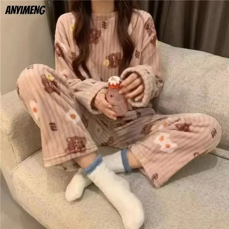 Sweet Peaches Womens Pajamas Winter Teddy Velvet Woman's Pijamas Set Fashion Pajama for Woman Lady's Fluffy Cartoon Sleepwear