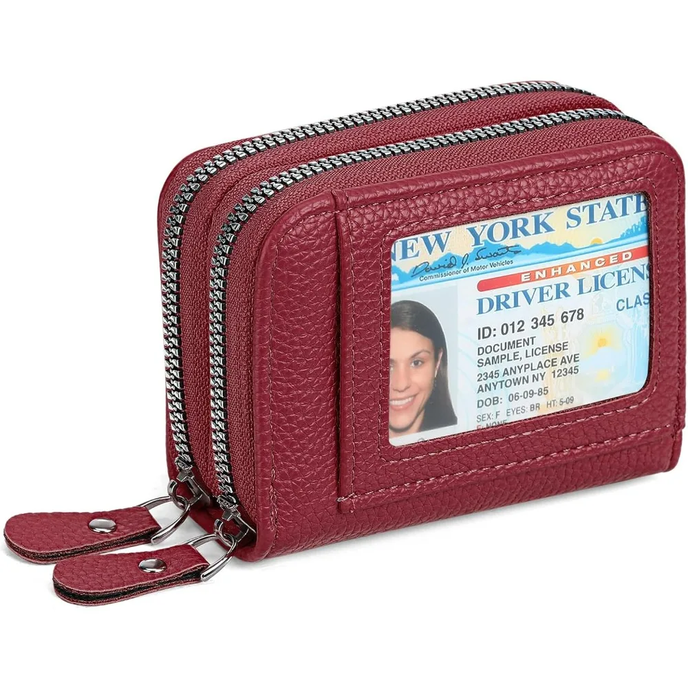 Elegant RFID Blocking Leather Wallet with Double Zipper and ID Window