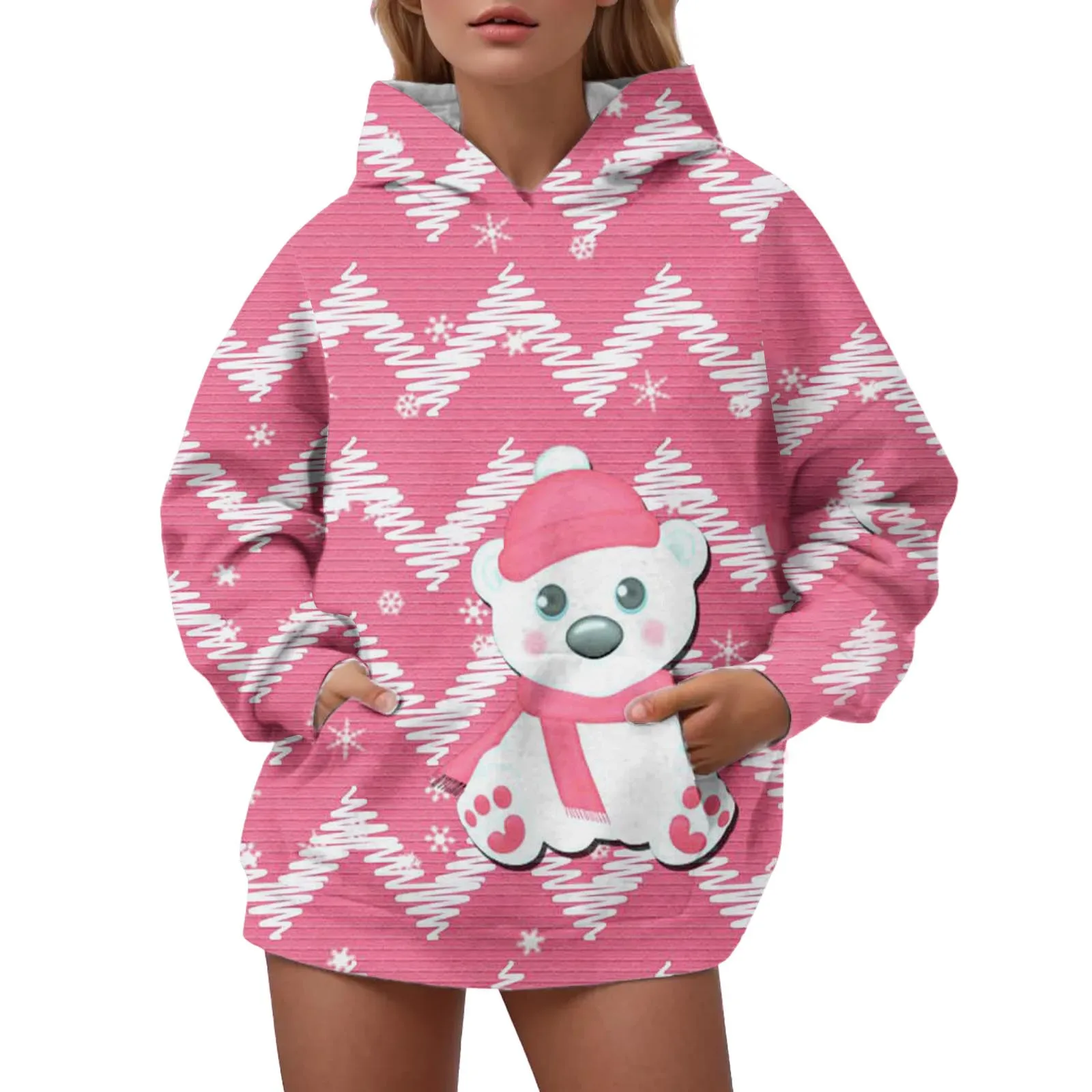 

Women's Loose Fit Christmas Santa And Bow Tie Print Hooded Pullover Sweatshirt For Autumn/Winter Sweatshirts Oversized