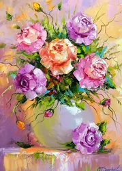Watercolor Blue & Orange Floral Canvas Art Print - 40x60cm No Frame (Navy Blue)
