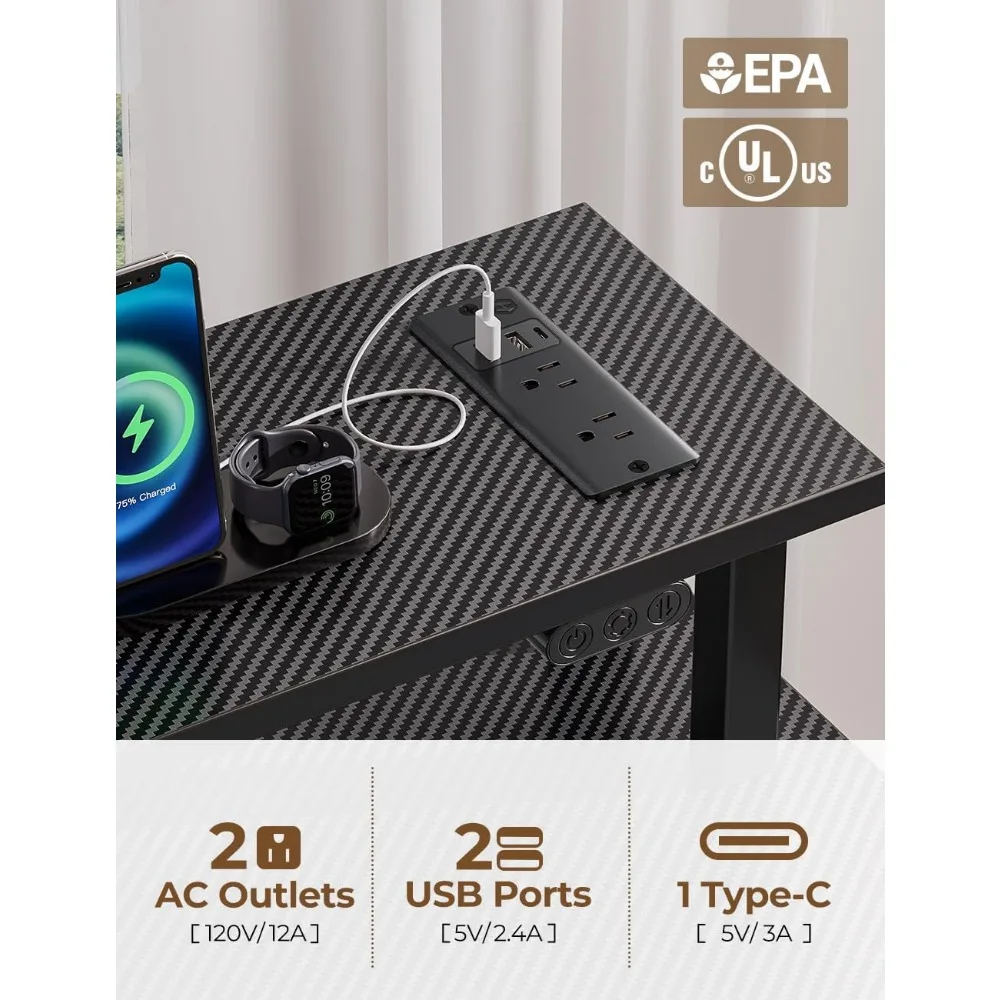 [47 Inch Home Office Desk With 3 Drawers and Storage Shelves Computer Desk With Power Outlets & LED Light Furnitures Room Desks]