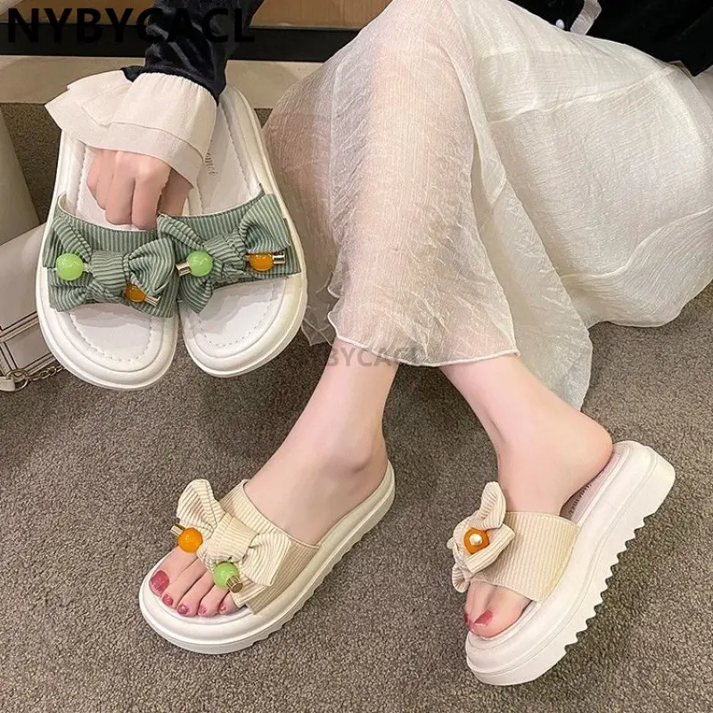 

New Thick-soled Fashion Head Wedge-heeled Slippers Women's Summer New In-line Waterproof Platform High-heeled Bow Sandals Women