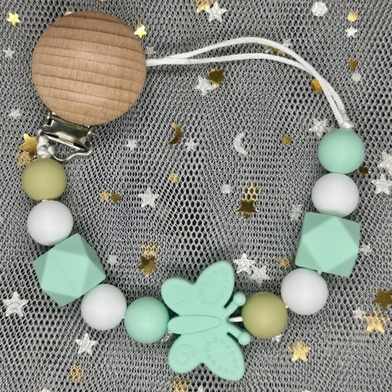 Baby Handmade Beech Dummy Pacifier Clips Silicone Beads Butterfly Chain Pacifier Chains for Baby Teething Toys Newborn Chew Gift